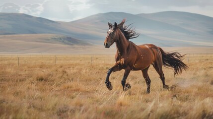 Fototapeta premium A wild horse strolls through golden fields during sunset, creating a serene and picturesque scene in an open landscape