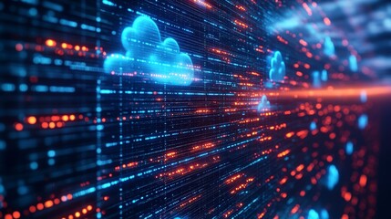 Obraz premium A digital representation of clouds and data streams in a futuristic environment.