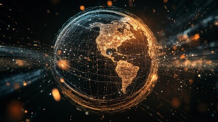 Obraz premium A digital representation of Earth with glowing lines and particles, symbolizing connectivity.