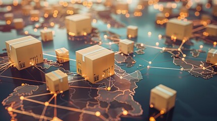 A digital representation of global shipping and logistics with packages connected by networks.