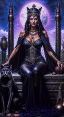 Fototapeta premium The High Priestess in a long blue dress, adorned with silver and blue gems, with a crown on her head, a black cat sitting next to her, a blue sky with white clouds and a full moon behind her, AI