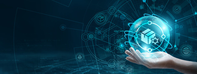 SMS. Hand holding a globe with network connecting data. Concept of digital technology, supply chain...