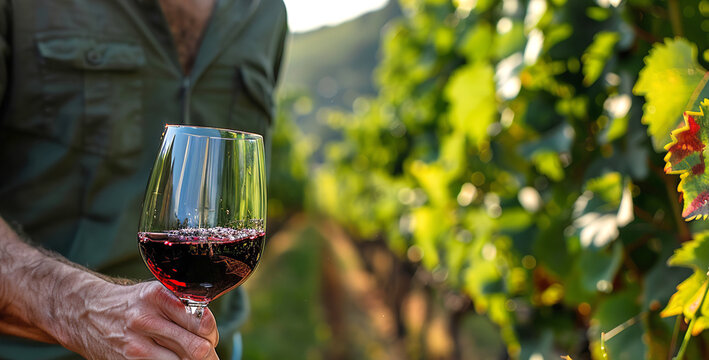 A man hand holds out a glass of wine to the camera and carefully examines the drink in sun. Concept of wine, great quality, bio, nature.