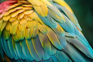 Fototapeta premium Exquisite feather textures of a vibrant bird in close-up. Multicolored feather pigeon macro photo. texture or background.