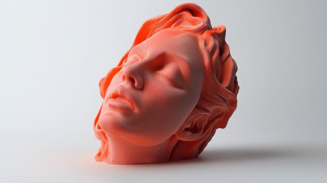 3D rendered orange sculpture of a woman's head with closed eyes, showcasing modern art with soft lighting.