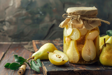 Homemade preserved pears in a canning jar on a wood background. Glass jar of pear jam with fresh fruits on wooden table.