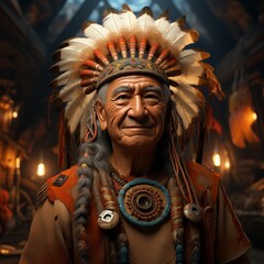 Obraz premium A dignified elder wearing traditional attire and a feathered headdress, showcasing cultural heritage.