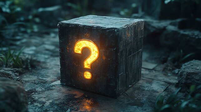 Mysterious glowing cube showing question mark in fantasy forest