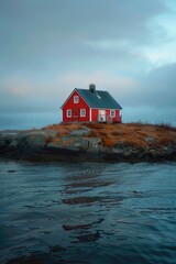 A picturesque scene of a small island with a bright red house sitting atop, surrounded by calm waters and lush vegetation