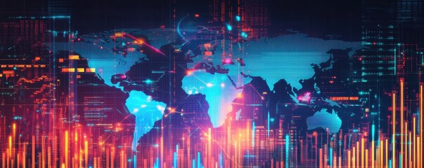 Abstract digital world map with glowing data points and charts, representing global technology and financial analytics.