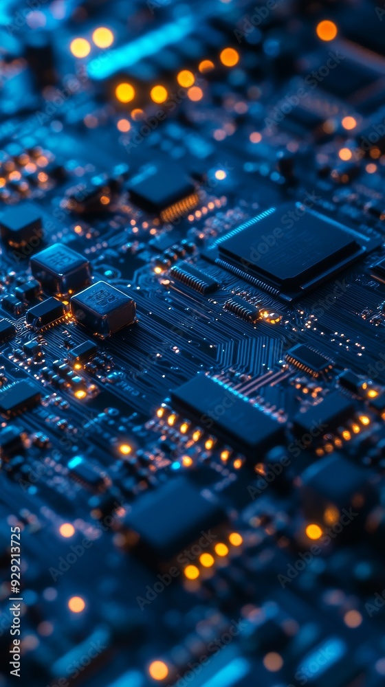 Sticker Electronic circuit board showing transistors and capacitors with led lights glowing