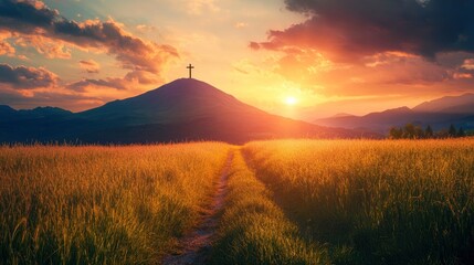 Concept of the journey towards destiny and spirituality.Landscape of crop fields and grassy meadows at sunset and road or path to the mountain with cross on top with generative ai