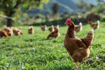 Fototapeta premium A group of brown chickens standing on the edge of a lush green field, ideal for agricultural or rural themed projects