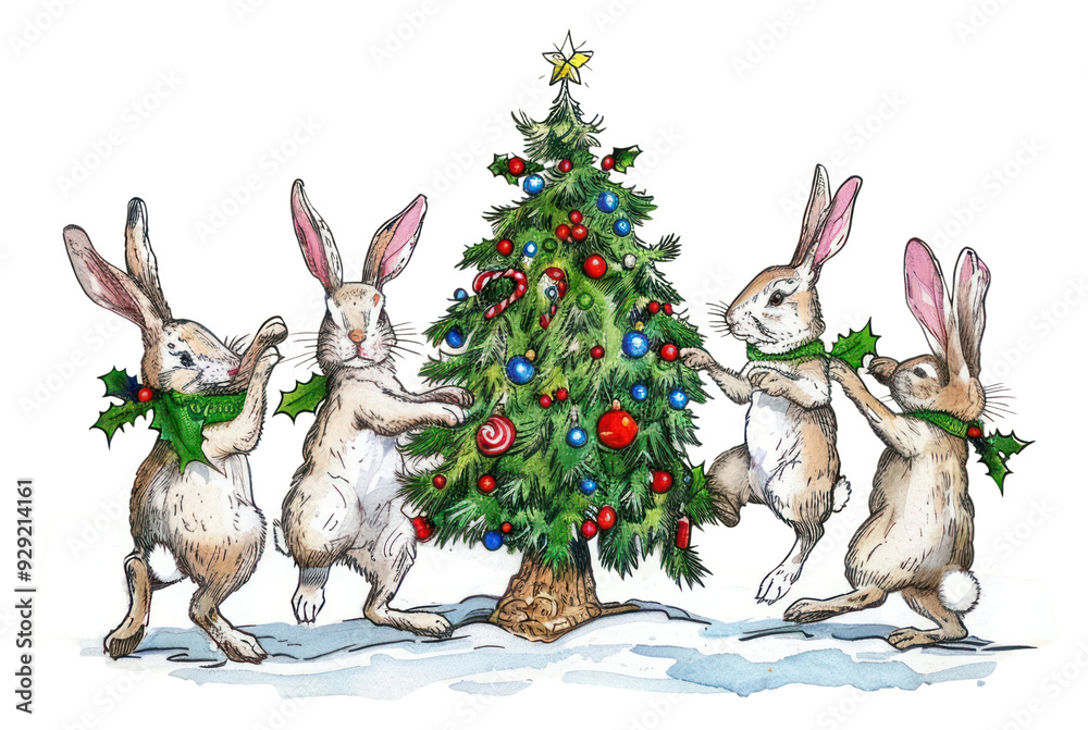 Wall mural png festive rabbits decorating christmas tree