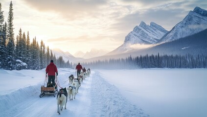 Dog sledding in snowy mountain landscape.