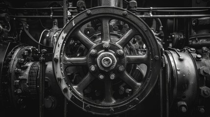 Fototapeta premium Antique mechanical combustion engine farm tractor vent in monochrome
