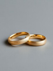 couple of wedding rings with simple design taken on gray background with generative ai