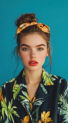 Fototapeta premium A woman with a headband and floral shirt posing for the camera, AI
