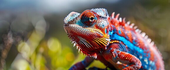 Obraz premium Detailed close-up of a chameleon displaying its vivid, multicolored scales and unique textured skin, set against a soft green background. Wide web banner.