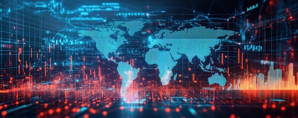 Fototapeta premium Futuristic digital world map with data visualization and glowing lines on dark background, highlighting technological advancements and connectivity.