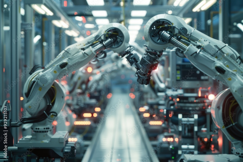 Poster robots moving along a conveyor belt in a factory setting, ideal for industry and manufacturing relat