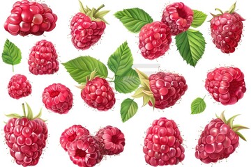 Raspberries on a white background with leaves