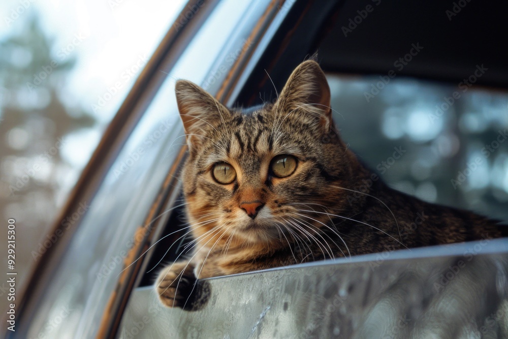 Aufkleber a cat is seen sitting in the window of a car, providing a unique and fascinating view
