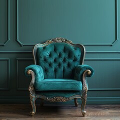 Beautiful luxury classic blue green clean interior room in classic style with green soft armchair. Vintage antique blue-green chair standing beside emerald wall. Minimalist home.