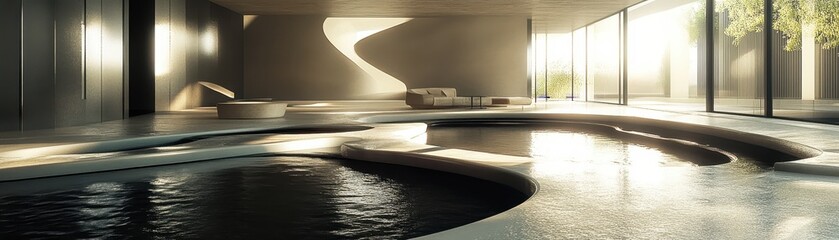 Luxurious indoor pool area with modern design, natural lighting, and serene atmosphere for relaxation and wellness.