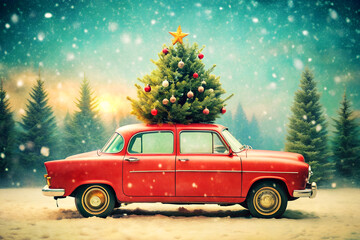 Red retro car with christmas tree on roof in winter forest on snow against night sky. Fairytale festive christmas background postcard