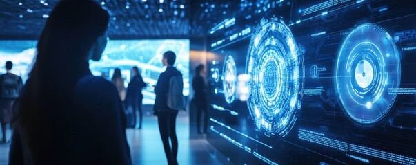 People viewing futuristic digital displays in a high-tech exhibition with holographic interfaces and immersive technology features.