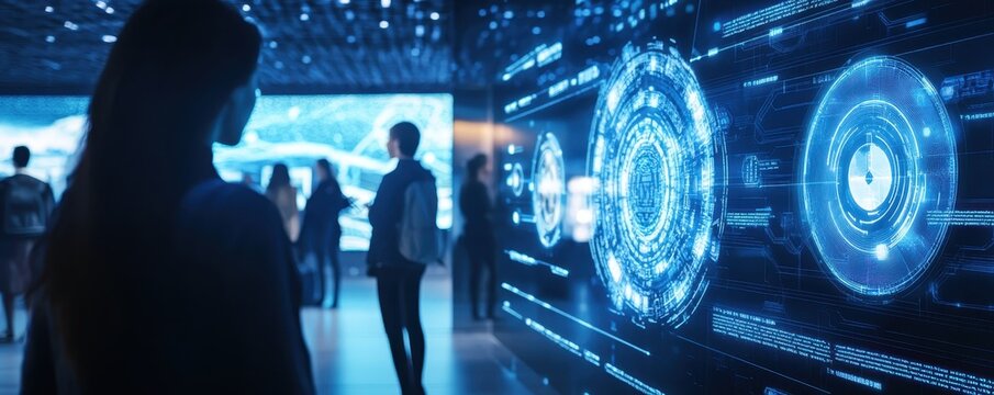 People viewing futuristic digital displays in a high-tech exhibition with holographic interfaces and immersive technology features.
