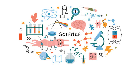 Science research concepts.  Round composition on the theme of physics, biology and chemistry. Education and study concept. Trendy modern vector illustration isolated on white, hand drawn, flat