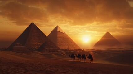 Ancient Pyramids and Camels: Sunset in the Egyptian Desert