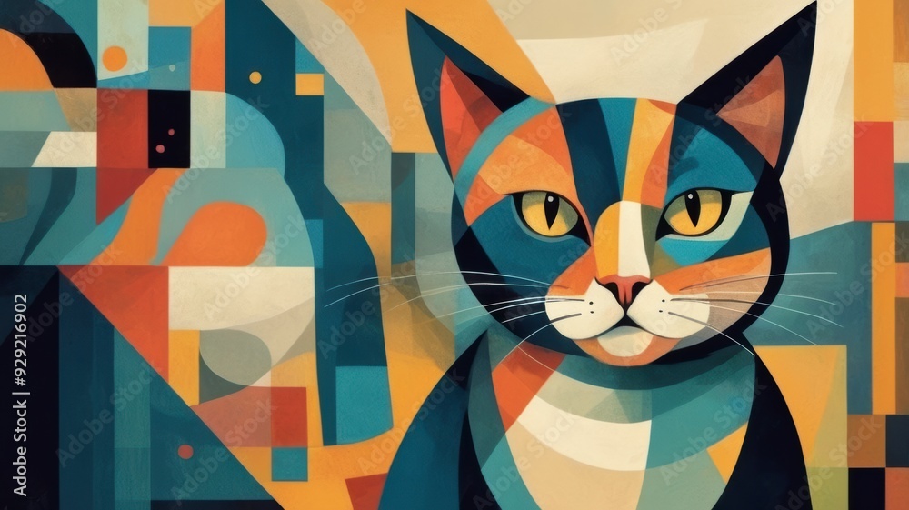 Wall mural Cubism Abstract mosaic art featuring a close-up of a cat's face with light pastel colors  with yellow eyes.