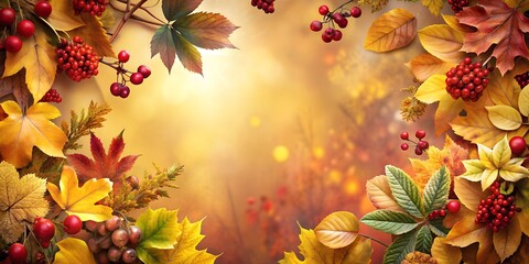 Beautiful autumn background, leaves, berries and flowers.