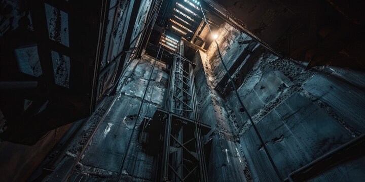 Hoisting elevator in the dark coal mine shaft Coal mine hoist beneath the sky Photograph captured in natural light