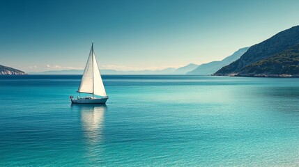 Fototapeta premium Sailboat moored in turquoise water near green coastline