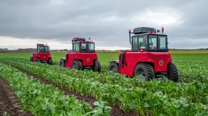 Fototapeta premium Electric harvesters are cultivating rows of crops in a vibrant, verdant field under cloudy skies