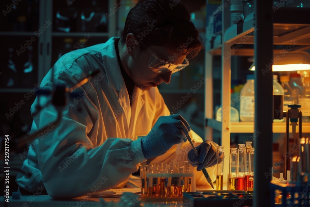 Poster a man in a lab coat working in a laboratory, perfect for medical or science-related themes