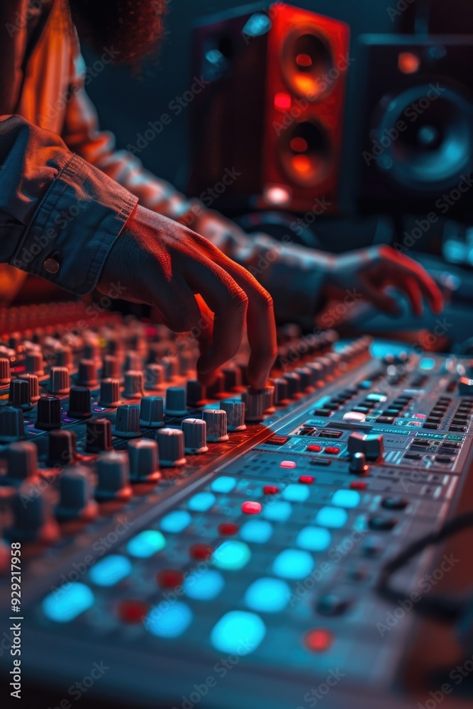 Aufkleber Close-up of a person operating a soundboard, likely in a recording studio or live performance setting
