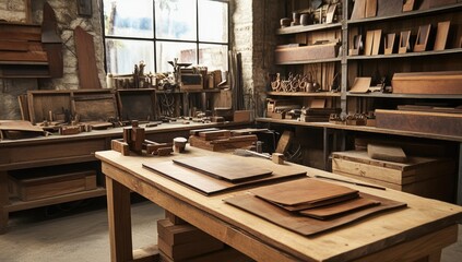 Fototapeta premium Wooden workshop with tools and leather pieces.