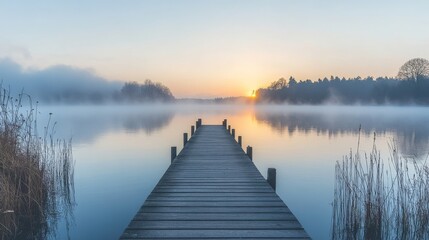 Wooden pier stretching into a misty lake at sunrise