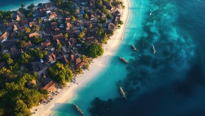 Tropical island village with boats in turquoise water.