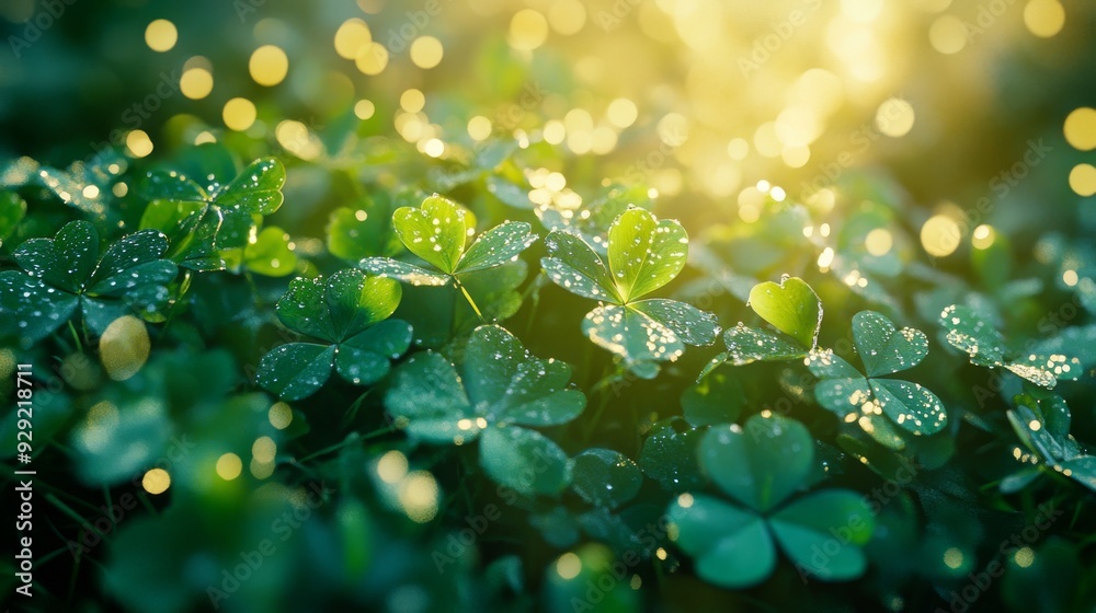 Canvas Prints green clover field sparkling with dew drops under golden sunlight