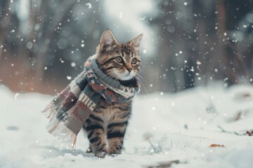 A cute tabby kitten wrapped in a patterned scarf, exploring a snowy outdoor setting with gentle snowfall.