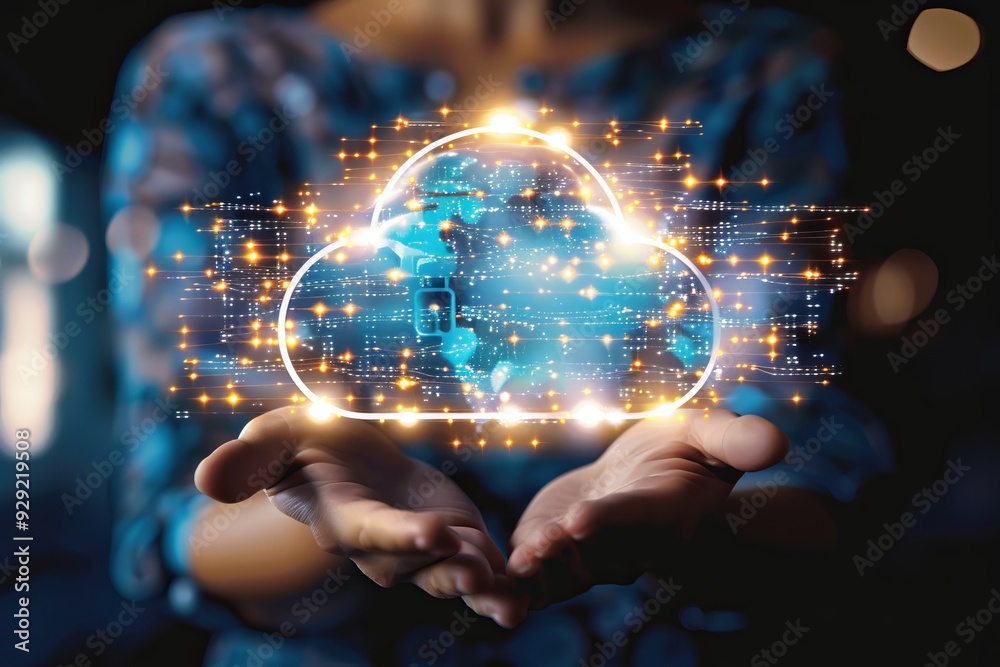 Poster woman holding glowing cloud computing technology symbol with binary code in abstract background