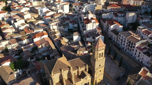 Aerial 4K video from drone to city of Loja and Church of the Incarnation with Moorish Alcazaba and Gorda Peak at Loja ,Granada, Andalusia, Spain, Europe (Series)