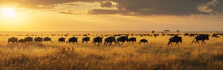 Fototapeta premium A herd of wildebeest grazing on the African savanna, with a stunning sunset casting warm golden light across the landscape. Wide web banner.