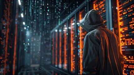 Obraz premium A hacker in the server room, Data breach, cybersecurity